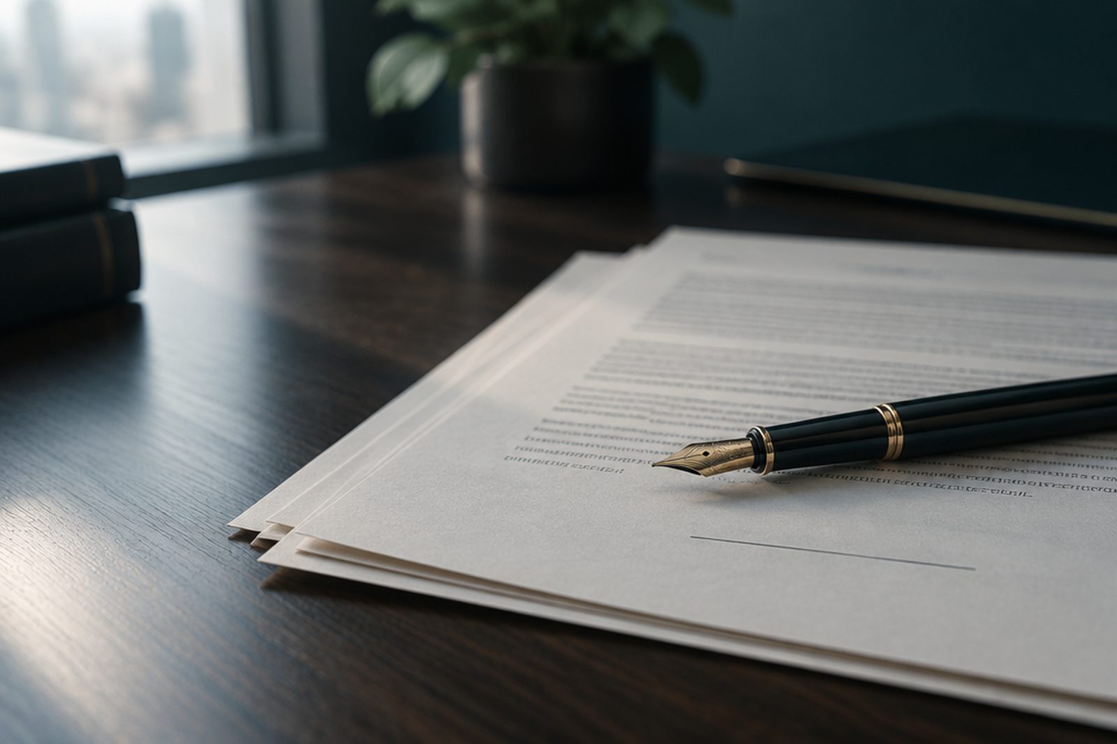 A fountain pen resting on the signature page of a printed investment agreement
